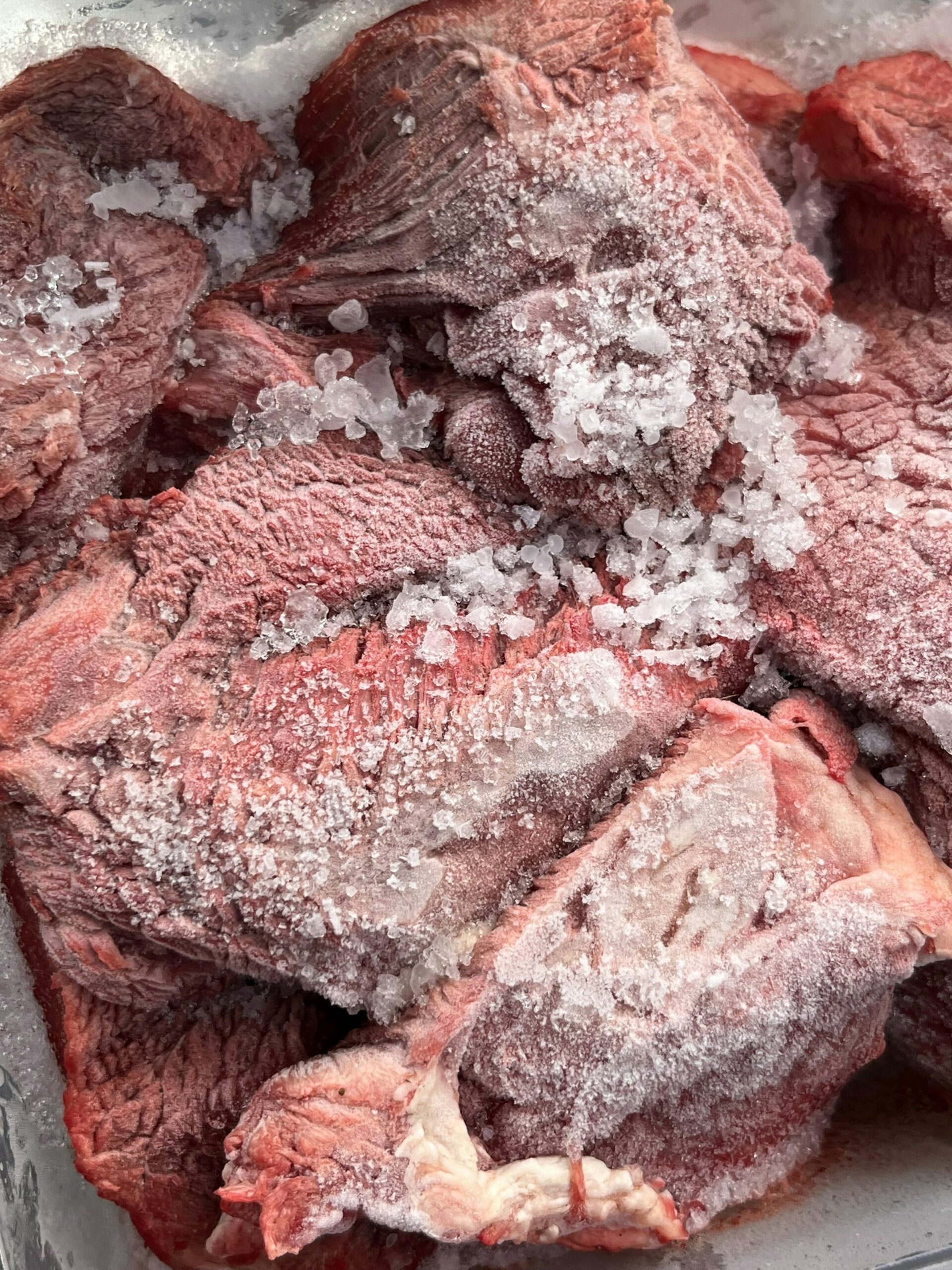 Piezas de carne cruda congelada cubiertas de cristales de hielo