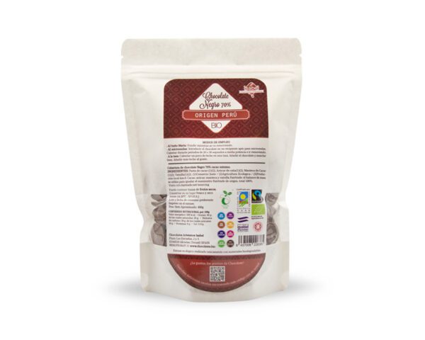 Gotas de cobertura BIO&FT de chocolate negro 70% cacao, 400 g.