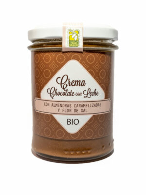 Crema BIO&FT de chocolate con leche con 45% de almendras y flor de sal, 200 g.