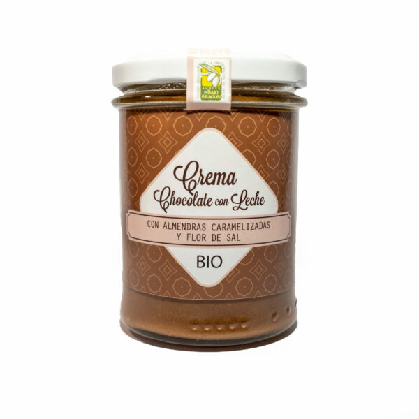 Crema BIO&FT de chocolate con leche con 45% de almendras y flor de sal, 200 g.