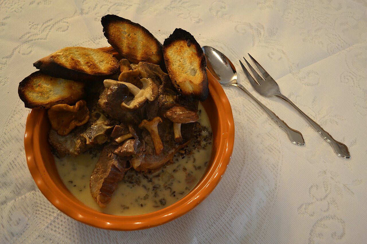 Plato preparado con carne de bisonte, setas, arroz y pan tostado