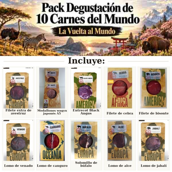 Pack Degustación de 10 Carnes del Mundo – La Vuelta al Mundo – contenido real del pack